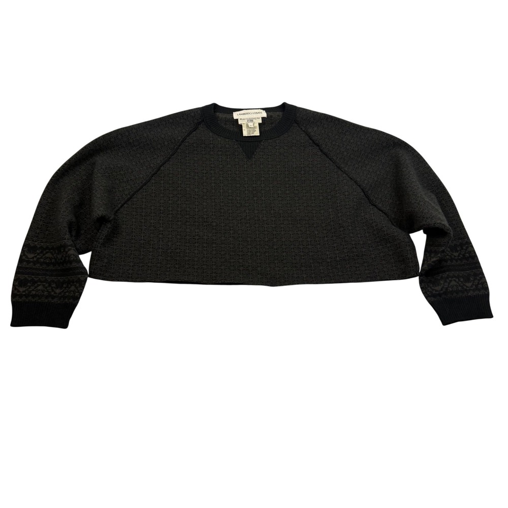 Lamberto Losani Italy Cropped Cashmere Wool Silk Grid Sweater Charcoal Grey L